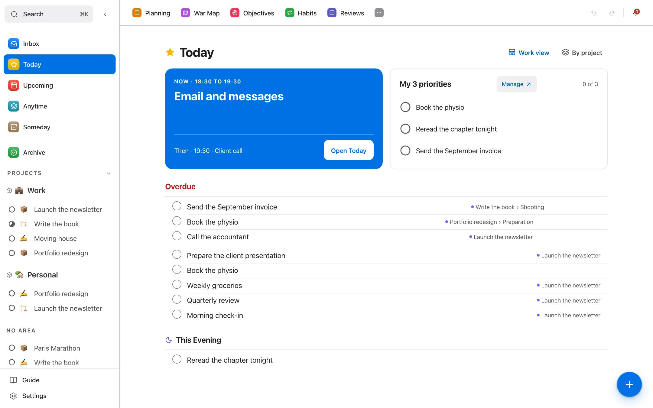 The LifeOS Today screen: the current block, three priorities, then the day’s tasks