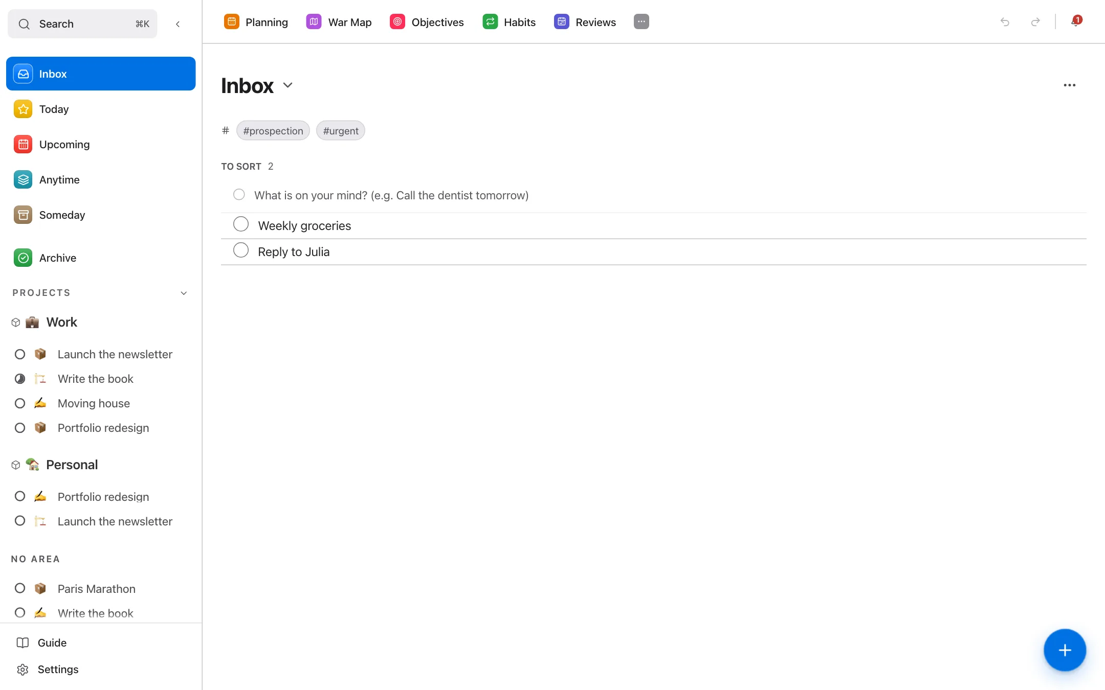 The LifeOS inbox with two ideas to sort