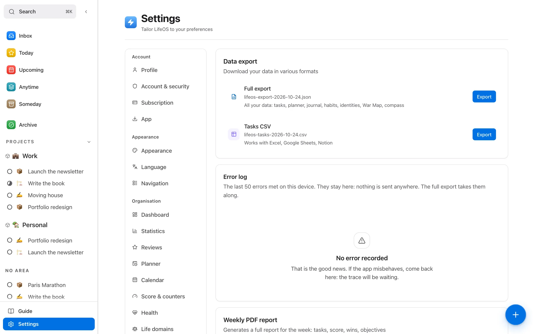 The data export screen in LifeOS Settings