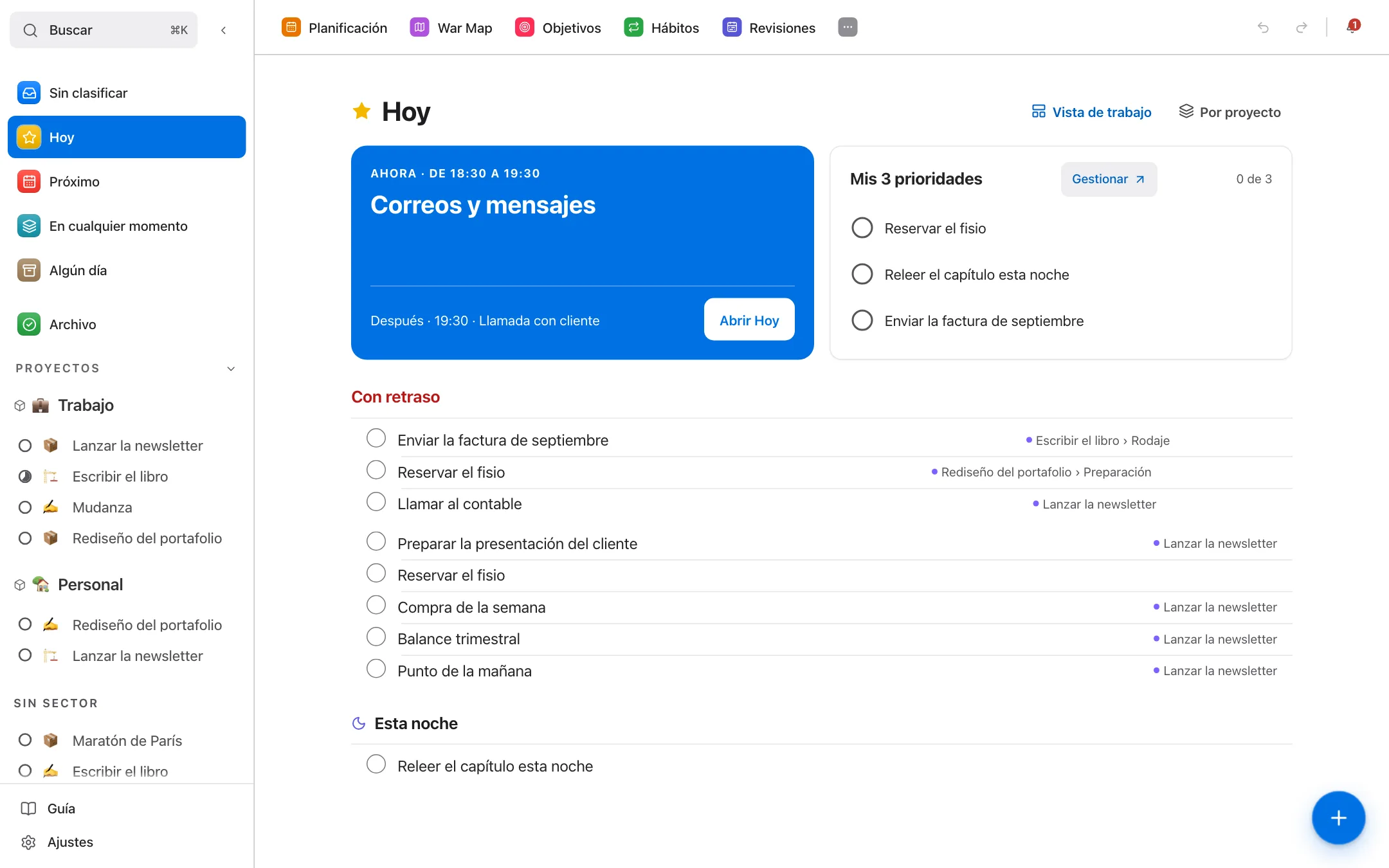 La pantalla Hoy de LifeOS: el bloque en curso, tres prioridades y luego las tareas del día