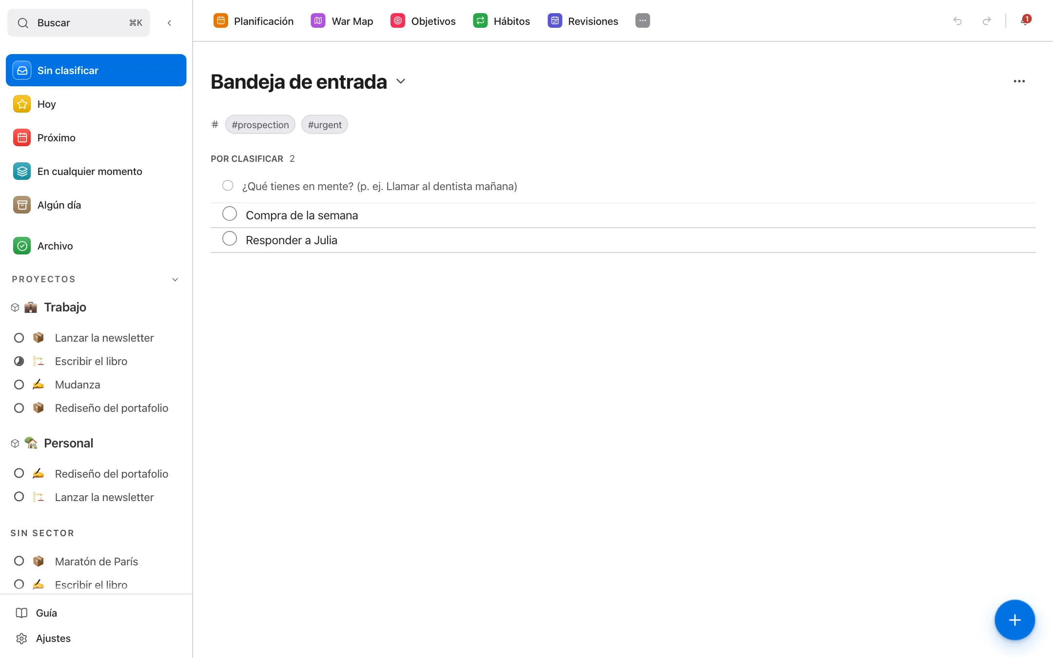 La bandeja de entrada de LifeOS con dos ideas por clasificar