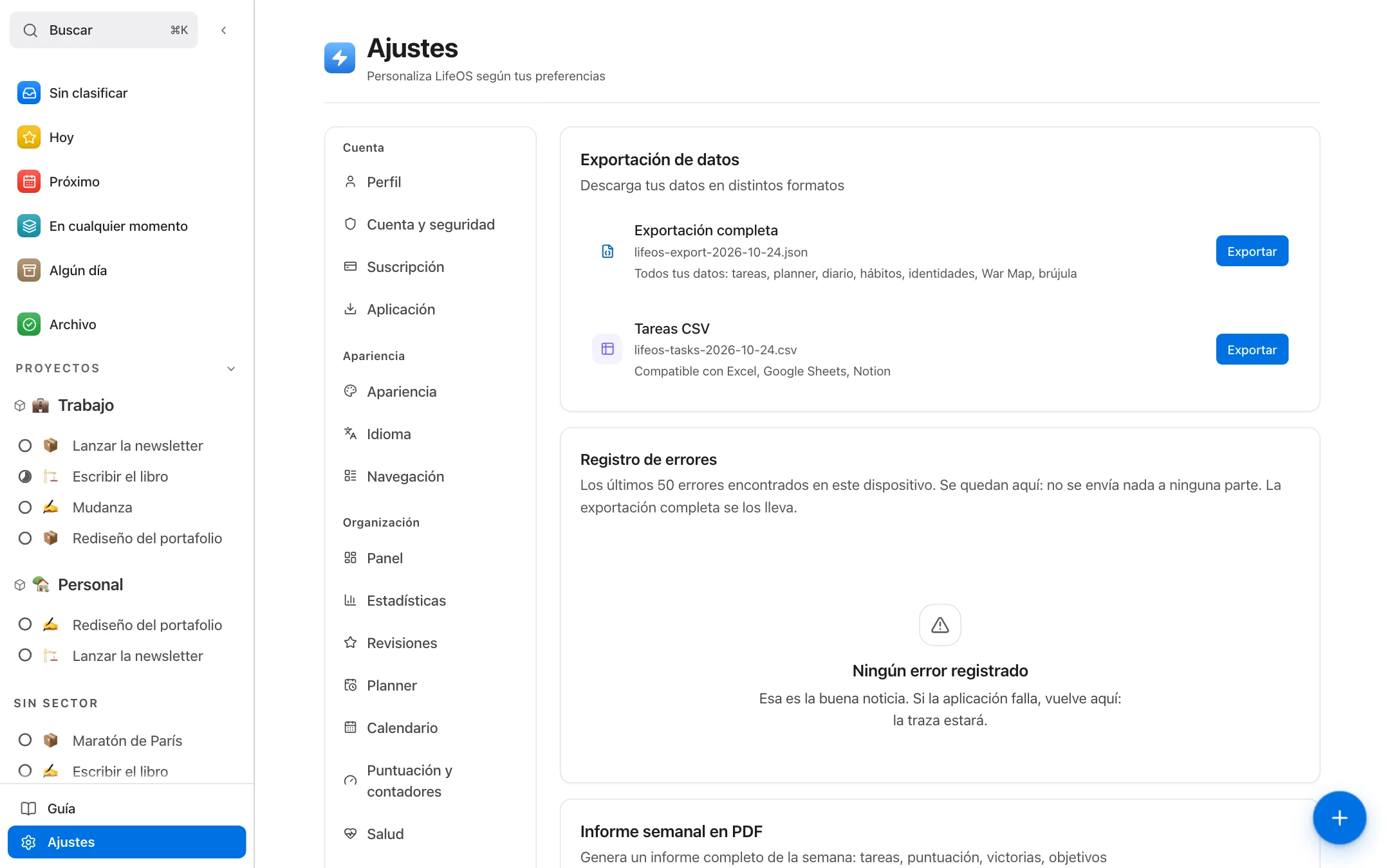 La pantalla de exportación de datos en los Ajustes de LifeOS